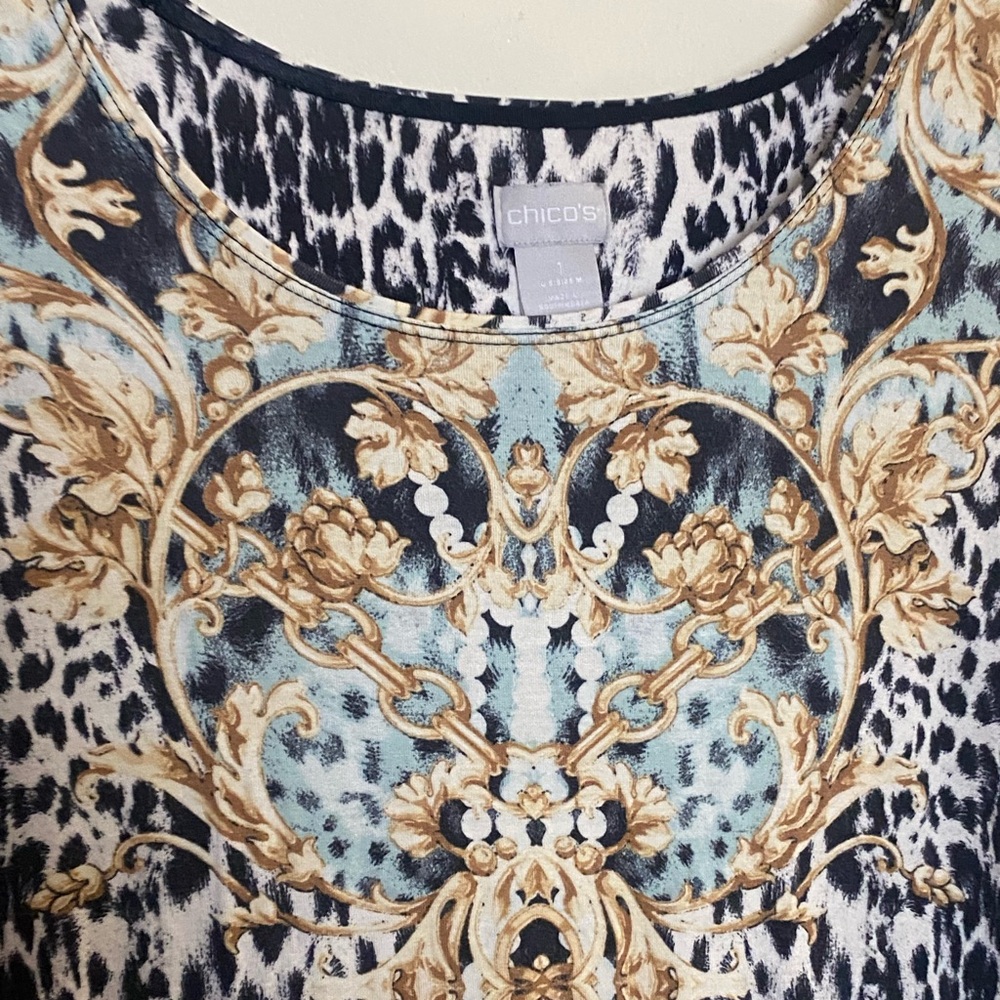Chico’s Womens Tunic Blouse Size 1 Leopard Gold Chain & Teal Print  Bust 40” - Picture 3 of 5